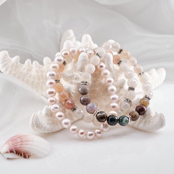 Aventurine Fancy Jasper & Pearl Bracelet, Dainty Stretch Bracelet Set of 3 - Picture 6 of 11